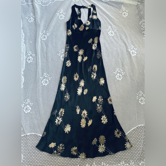 American Vintage Dresses & Skirts - 90s Black & Gold Floral Halter Maxi Dress | NC Love Vintage Boho Romantic